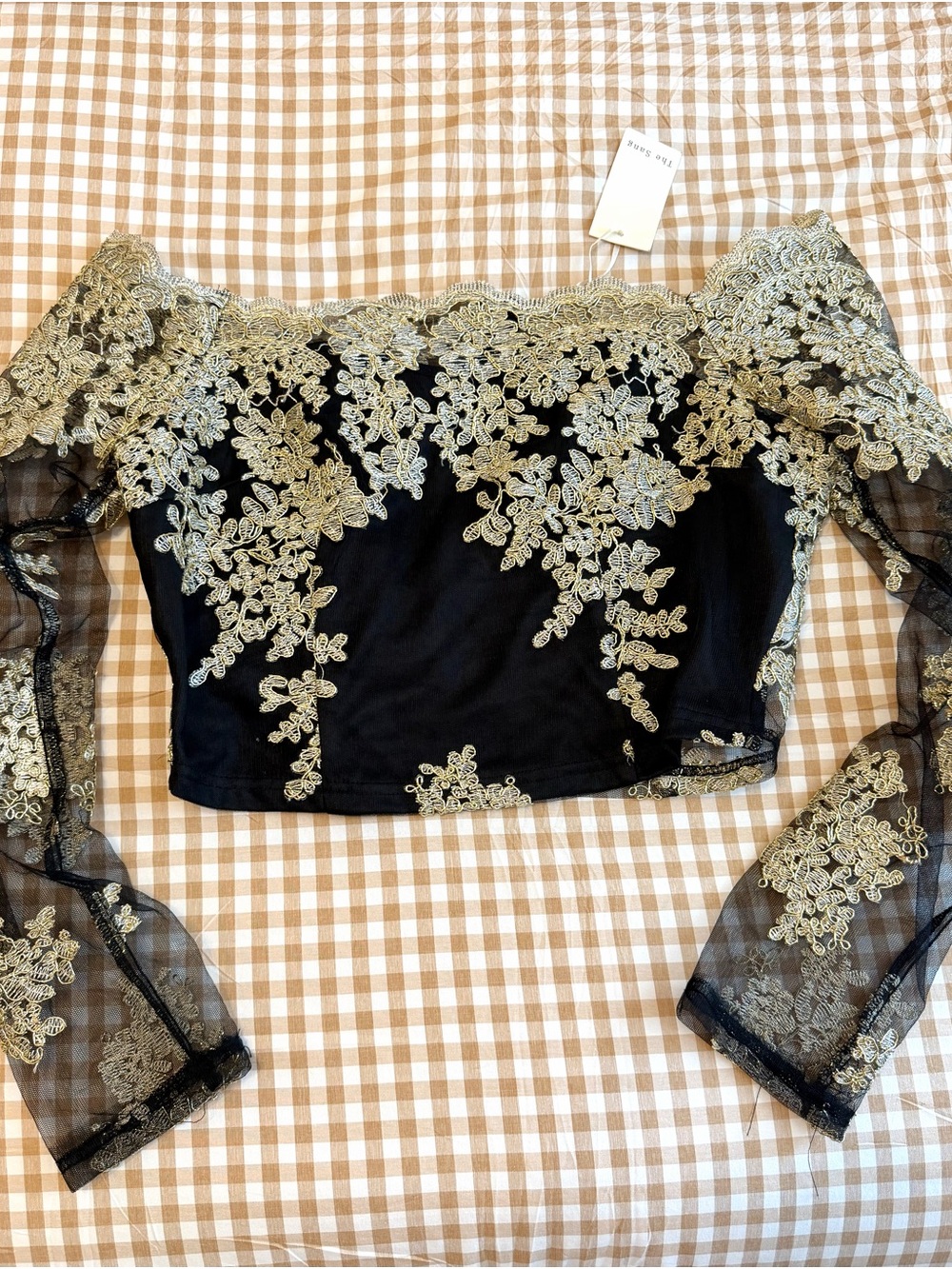 Off-Shoulder Black Crop Top with Gold Lace Embroidery